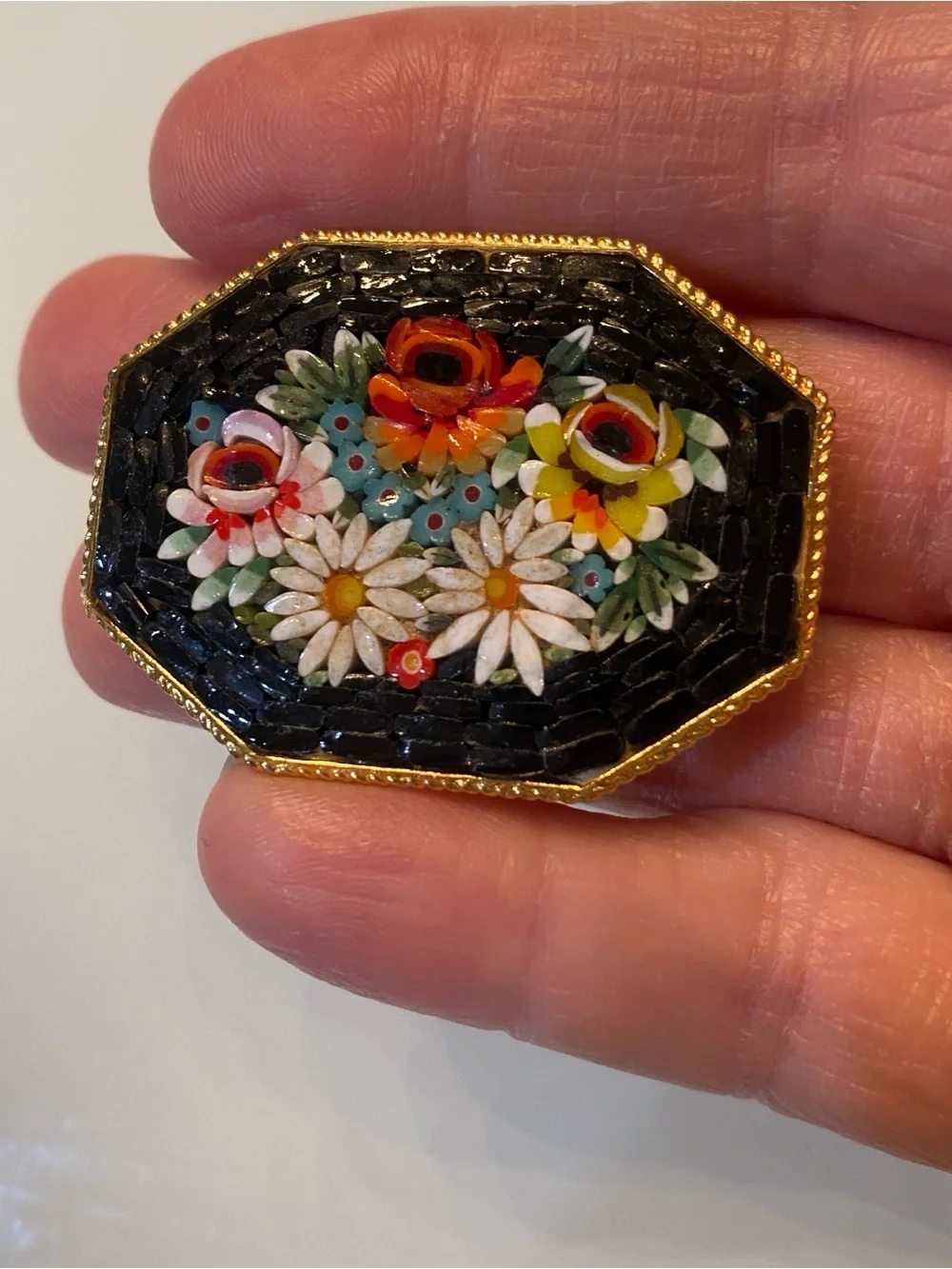 Vintage Italian Micro Mosaic & Multi-Style Floral Brooch Lot - Glass, Wood, Rhin